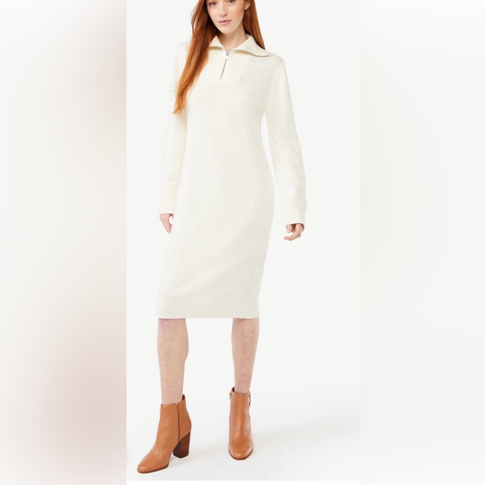 Free Assembly Half Zip Midi Sweater Dress in Off-White